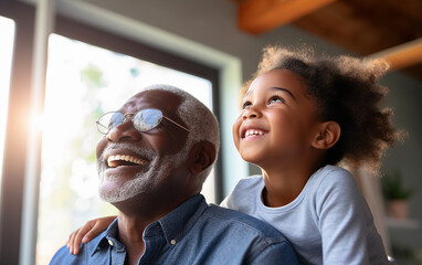 Black african american dark-skinned loving caring grandfather spending time with cute little smiling granddaughter - obrazy, fototapety, plakaty