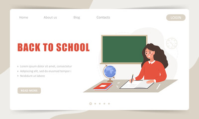 Back to school. Landing page template. Female teacher in classroom is sitting at table and checking homework. School and college concept. Vector illustration in flat cartoon style.