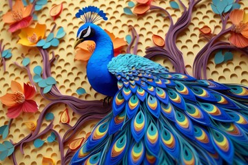 Multicolored peacock in the technique of quilling. Papercraft, hobby concept
