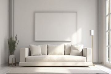 A minimalist living room with a comfortable white couch and bright natural light creating an airy and spacious atmosphere. Perfect for modern living. AI Generative.