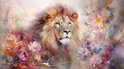  happy cute lion in flower blossom atmosphere golden oil paint abstract art happy cute whale in flower blossom atmosphere golden oil paint abstract art - obrazy, fototapety, plakaty