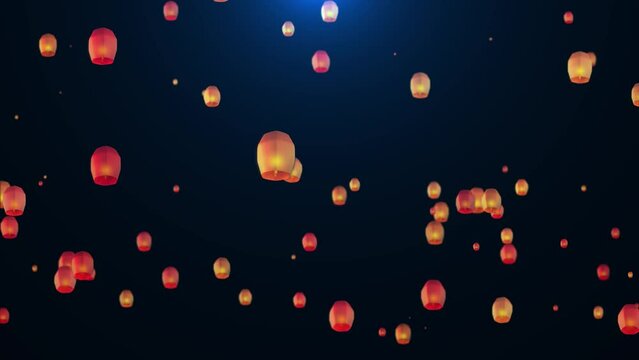 Flying Sky burning flame lanterns seamless pattern Loop Animation Background. Diwali festival, Mid Autumn Festival or Chinese festive. Luminous floating lamps night sky Lanterns floating.