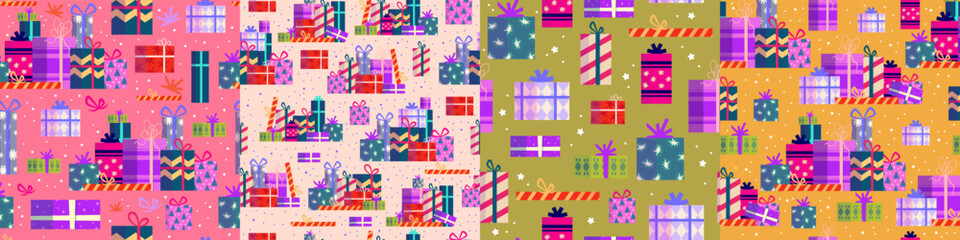 Christmas gift stack seamless pattern set. Present box for holiday. Bright seamless pattern for present paper. Cartoon vector illustration. Christmas box.