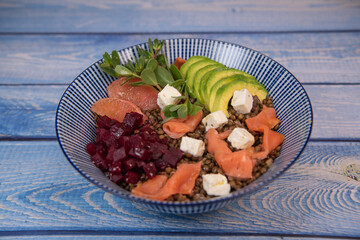 RECIPE SUMMER SALAD LENTILS AVOCADO SALMON, BEET CHEESE PURSLANE, GRAPEFRUIT,High quality photo
