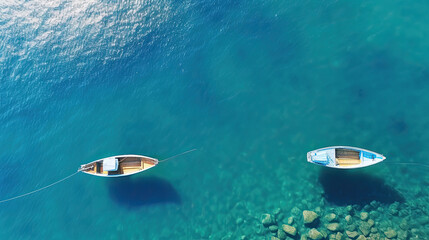 Boats on ocean sea beach top view aerial view - Powered by Adobe