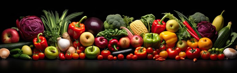 Panoramic photo fruits and vegetables isolated on black background