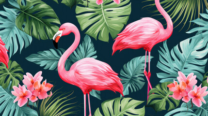 Flamingo tropical floral illustration painting pink green background