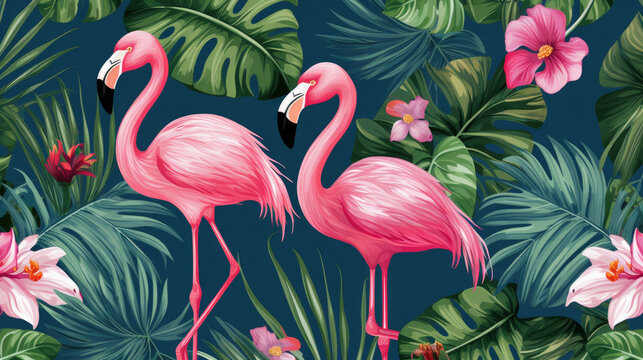Flamingo tropical floral illustration painting pink green background © stocker