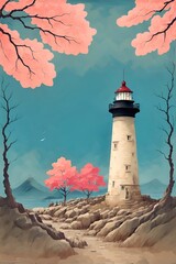 Beautiful landscape with Lighthouse. In Japan painting style. AI generated illustration