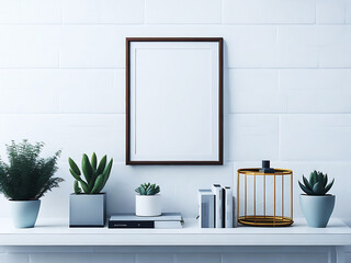 Blank white canvas picture mockup, Home interior poster mock up with horizontal metal frame, white wall background. 3D rendering.