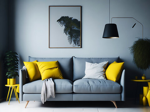 Blank white canvas picture mockup, Home interior poster mock up with horizontal metal frame, white wall background. 3D rendering.