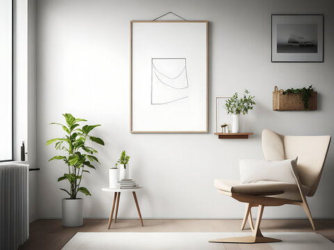 Blank white canvas picture mockup, Home interior poster mock up with horizontal metal frame, white wall background. 3D rendering.
