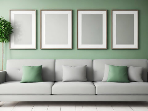 Blank white canvas picture mockup, Home interior poster mock up with horizontal metal frame, white wall background. 3D rendering.