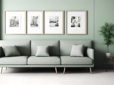 Blank white canvas picture mockup, Home interior poster mock up with horizontal metal frame, white wall background. 3D rendering.