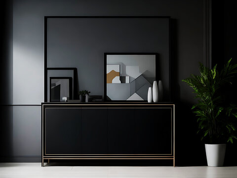 Blank white canvas picture mockup, Home interior poster mock up with horizontal metal frame, white wall background. 3D rendering.