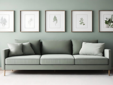 Blank white canvas picture mockup, Home interior poster mock up with horizontal metal frame, white wall background. 3D rendering.