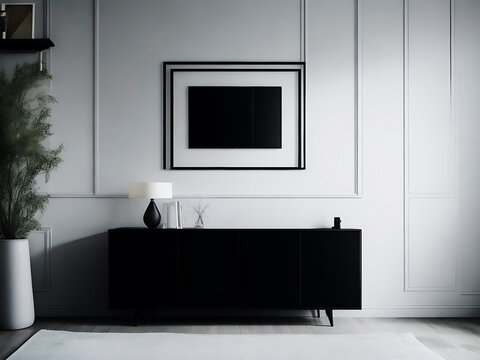 Blank white canvas picture mockup, Home interior poster mock up with horizontal metal frame, white wall background. 3D rendering.