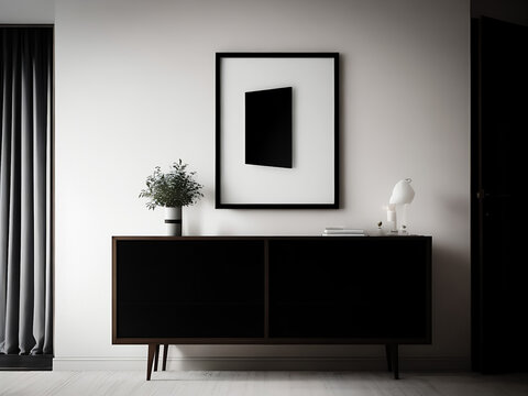 Blank white canvas picture mockup, Home interior poster mock up with horizontal metal frame, white wall background. 3D rendering.