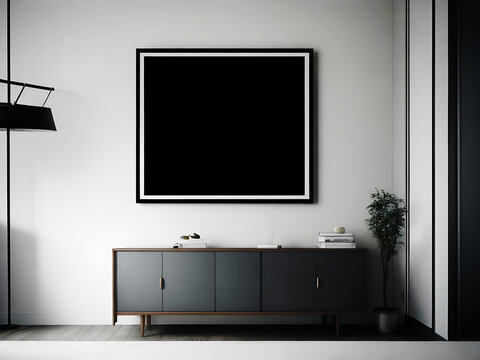 Blank white canvas picture mockup, Home interior poster mock up with horizontal metal frame, white wall background. 3D rendering.