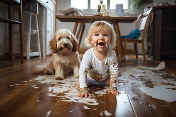 a playful hyperactive cute blond toddler child and a dog misbehaving and making a huge mess in a living-room, throwing around things and shredding paper. Studio light. Generative AI technology - obrazy, fototapety, plakaty