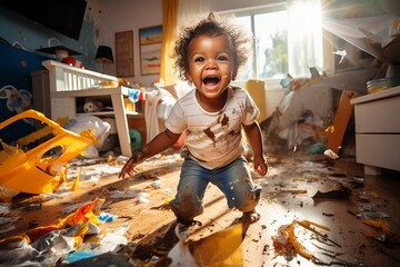 a playful hyperactive cute brown toddler child misbehaving and making a huge mess in a living-room, throwing around things and shredding paper. Studio light. Generative AI technology - obrazy, fototapety, plakaty