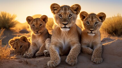 a group of young small teenage lions curiously looking straight into the camera in the desert, ultra wide angle lens - obrazy, fototapety, plakaty