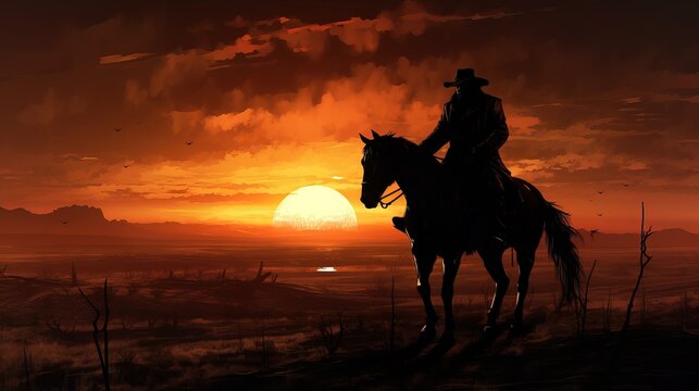 Image of a cowboy riding a horse during sunset. Rider silhouette.