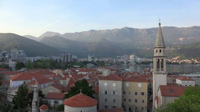 Budva skyline panorama with the Old Town from Citadel at sunset. Montenegro