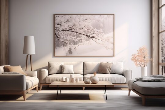 3d rendering of modern living room with white sofa, home desk in wall with decor, personal accessories, lamp, books, dry flowers in a vase, ceramics. Pouf with a blanket. Wood panel,Generative AI
