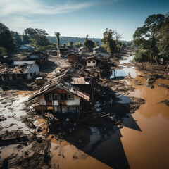 Aerial view flooded village after a flood, people clean up, AI generated