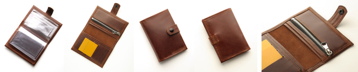 handmade leather brown wallet photographed in the studio from different angles on a white background
