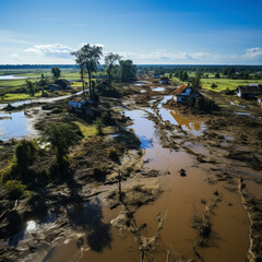 Aerial view flooded village after a flood, people clean up, AI generated