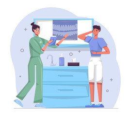 Nurse looking at dental x-ray and talking with young man. Patient consulting with dentist in hospital. Dental care and treatment. Flat vector illustration in cartoon style in blue colors