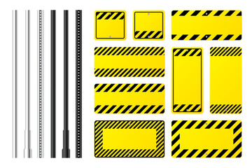 Warning, danger signs, attention banners with metal poles. Blank yellow caution sign, construction site signage. Notice signboard, warning banner, road shield. Vector illustration