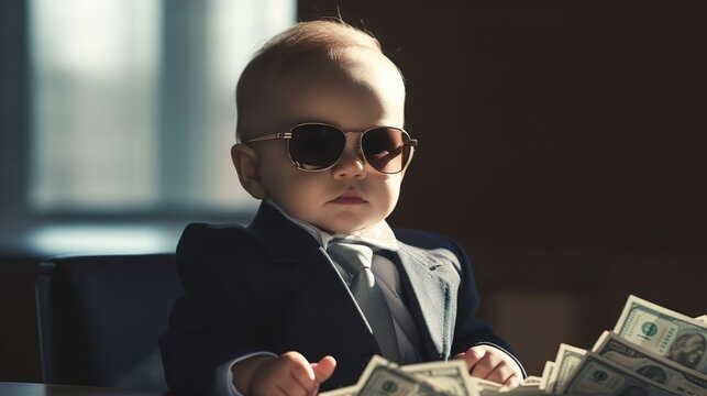 Little serious rich businessman kid boy wearing business suit and sunglasses holding money. The head of large financial company. Generative Ai technology. - Powered by Adobe