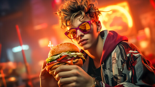 Portrait young person in fashionable look crazy hungry and enjoy eating with hamburger.food and healthy concepts.generative ai technology