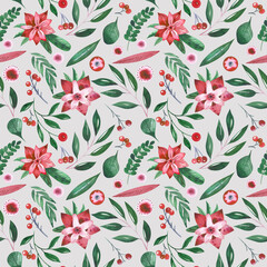 Watercolor holly berry seamless pattern for Christmas. Ideal for winter holidays packaging, textile, gift wrapping paper, apparel, home decor - 630645632