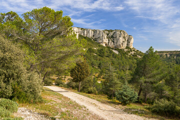 Massive rock formation in the Alpilles on a sunny day