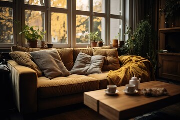 Stylish scandinavian living room with design furniture, plants, bamboo bookstand and wooden desk. Brown wooden parquet. Abstract painting on the white wall. Nice apartment,Generative AI