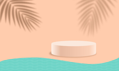 3d render of  biege blank cylinder frame for mock up and display products with shadows of palm leaves and sea  blue inspiration background . Creative idea concept.