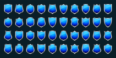 Set of various vintage 3d shield icons. Black heraldic shields. Blue protection and security symbol, label. Vector illustration