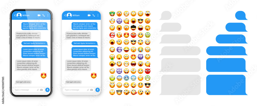 Wall mural smartphone messaging app, user interface design with emoji. sms text frame. chat screen with blue me