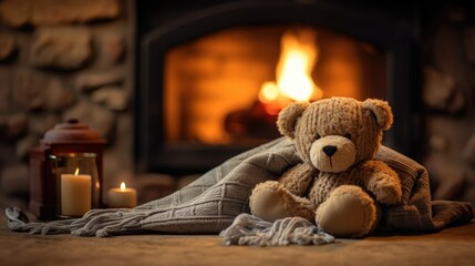 Knitted wool light brown teddy bear toy sitting next to a stone brick fireplace on a cold winter day, cozy cottage interior living room with warm orange ambience - generative AI
