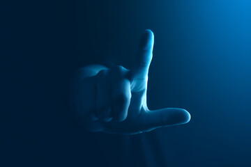 Business man hand finger touch gesture symbol human pointing sign concept on dark blue background...