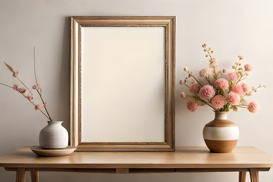 Empty Wooden Picture Frame Mockup Hanging on a Beige Wall Background, scene with a flower