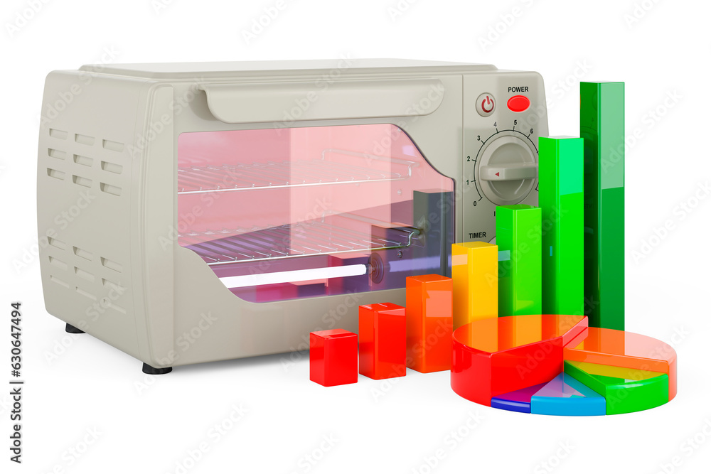 Poster ultraviolet sterilizer cabinet with growth bar graph and pie chart. 3d rendering