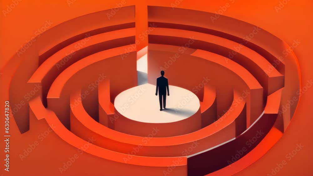 Poster a man walking in circles unable to find his way out of a maze symbolizing his uncertainty in life. p