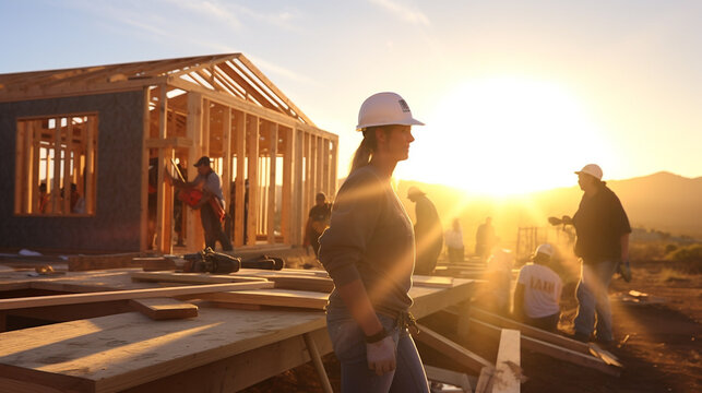 A Volunteer Is Building A House For A Family In Need, Mental Health Images, Photorealistic Illustration