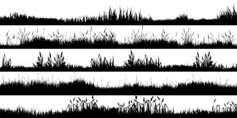 Rollo Meadow silhouettes with grass, plants on plain. Panoramic summer lawn landscape with herbs, various weeds. Herbal border, frame element. Black horizontal banners. Vector illustration © 32 pixels