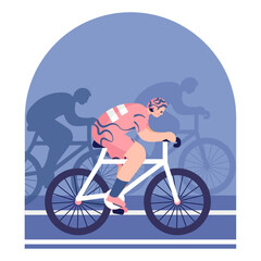 Strong male in competitions riding bike. Young human engaged in sport. Sporty and healthy lifestyle. Flat vector illustration in cartoon style in blue colors